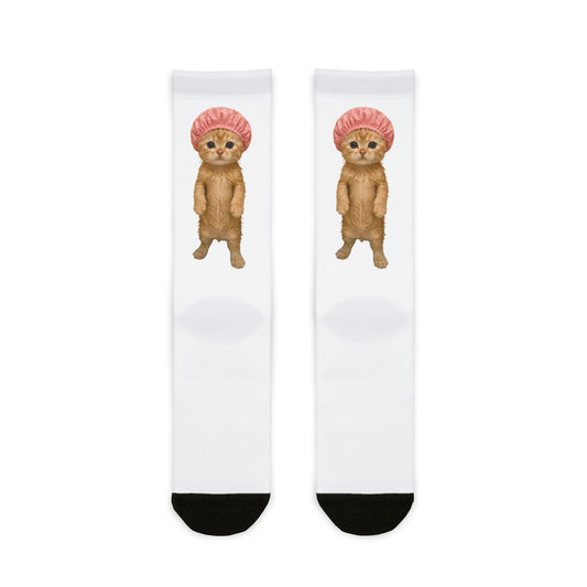 Cute Cat in Shower Cap Crew Socks