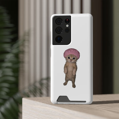 Cute Standing Kitten Cat Shower Cap  Phone Case with Card Holder