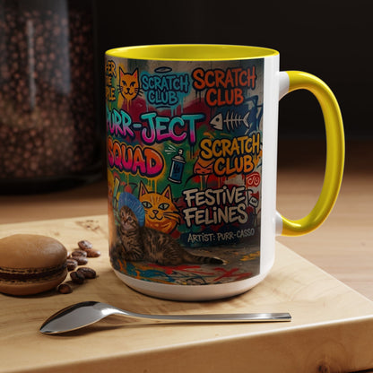 Graffiti Meow Squad Accent Coffee Mug — Cute Kittens ‘Purr-ject’ Street Art Design (11/15oz)