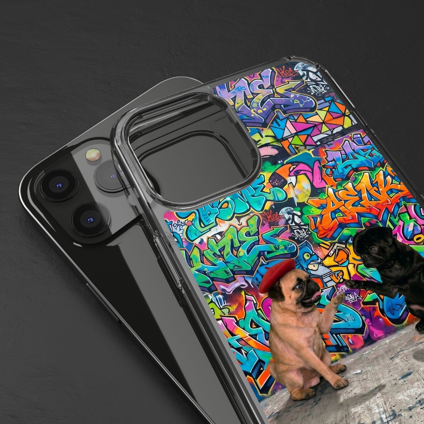 Clear Phone Case — Colorful Graffiti Pugs Design