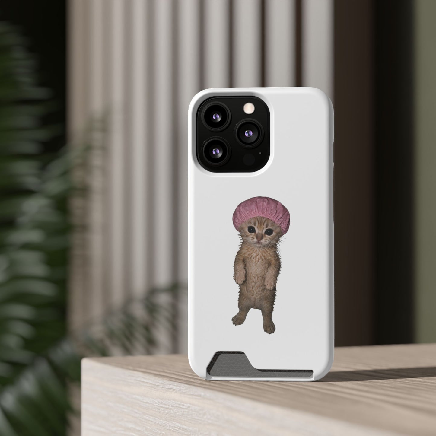Cute Standing Kitten Cat Shower Cap  Phone Case with Card Holder
