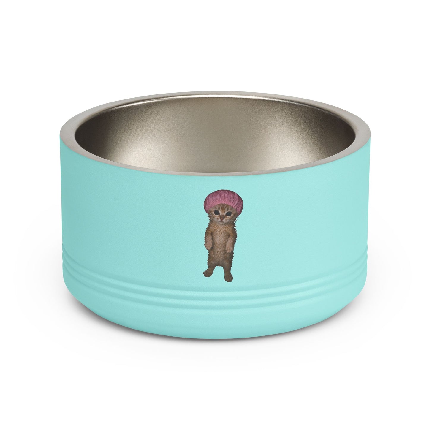 Cute Kitten in with Pink Shower Cap Stainless Steel Pet Bowl 18oz
