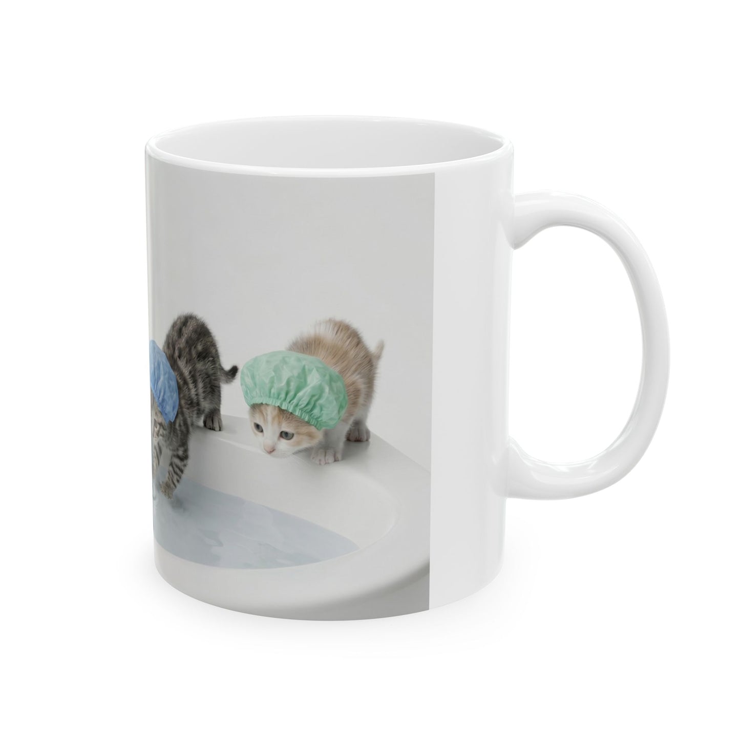 Kitten Shower Ceramic Mug — Cute Kittens in Bath Caps Coffee Tea Cup (11oz/15oz)