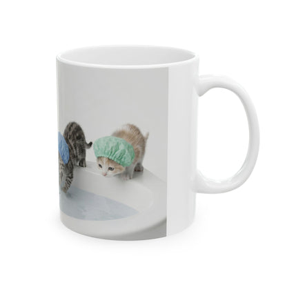 Kitten Shower Ceramic Mug — Cute Kittens in Bath Caps Coffee Tea Cup (11oz/15oz)
