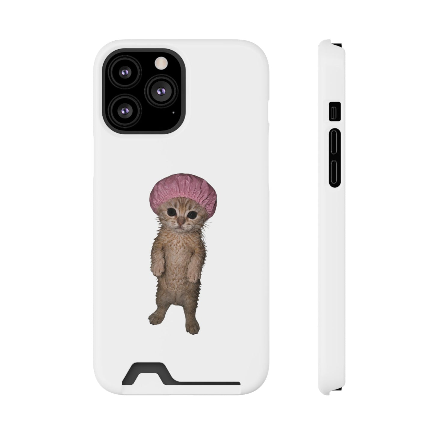 Cute Standing Kitten Cat Shower Cap  Phone Case with Card Holder