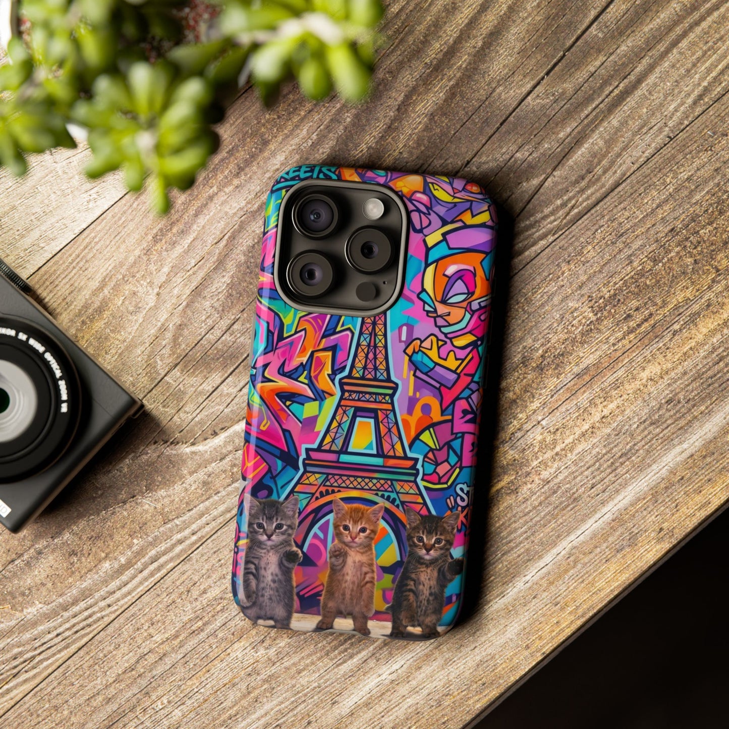 Cat Graffiti Eiffel Phone Case — Colorful Urban Parisian iPhone Cover