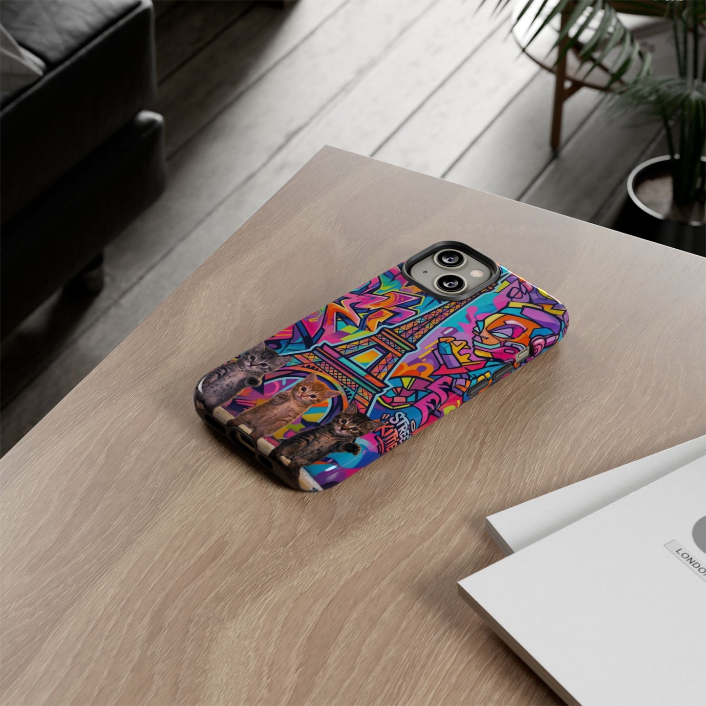 Cat Graffiti Eiffel Phone Case — Colorful Urban Parisian iPhone Cover