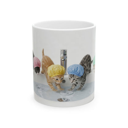 Kitten Shower Ceramic Mug — Cute Kittens in Bath Caps Coffee Tea Cup (11oz/15oz)