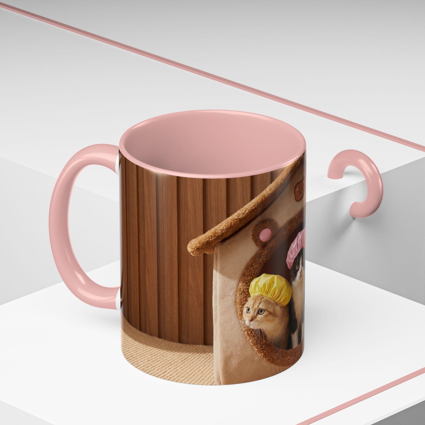 Cute Kittens in Shower Caps Accent Coffee Mug — Pink Interior 11/15oz