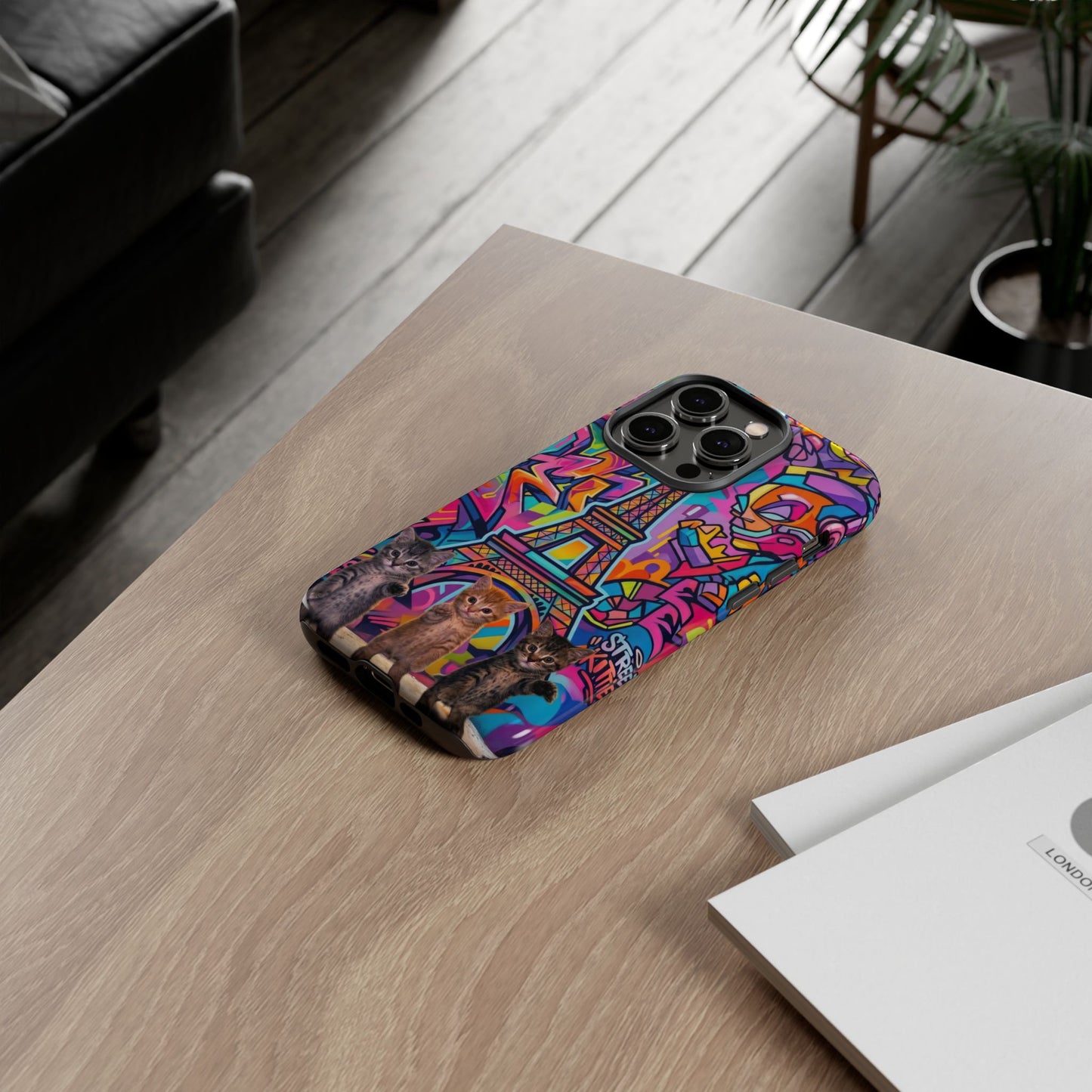 Cat Graffiti Eiffel Phone Case — Colorful Urban Parisian iPhone Cover