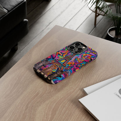 Cat Graffiti Eiffel Phone Case — Colorful Urban Parisian iPhone Cover