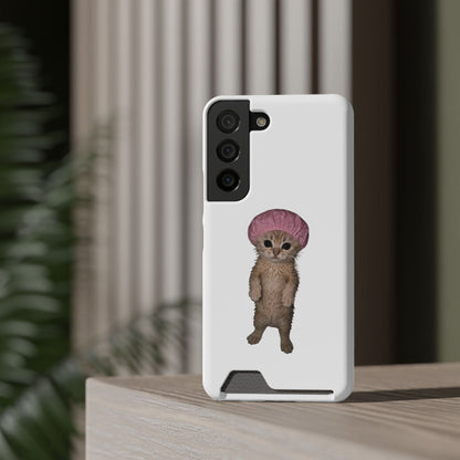 Cute Standing Kitten Cat Shower Cap  Phone Case with Card Holder