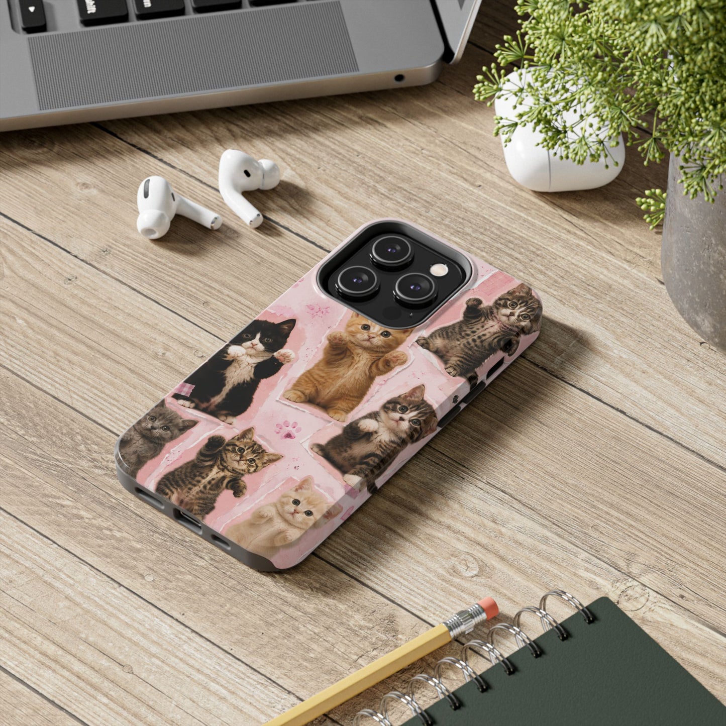 Cute Kittens Tough Phone Case — Pink Paw Print Protective Phone Cover