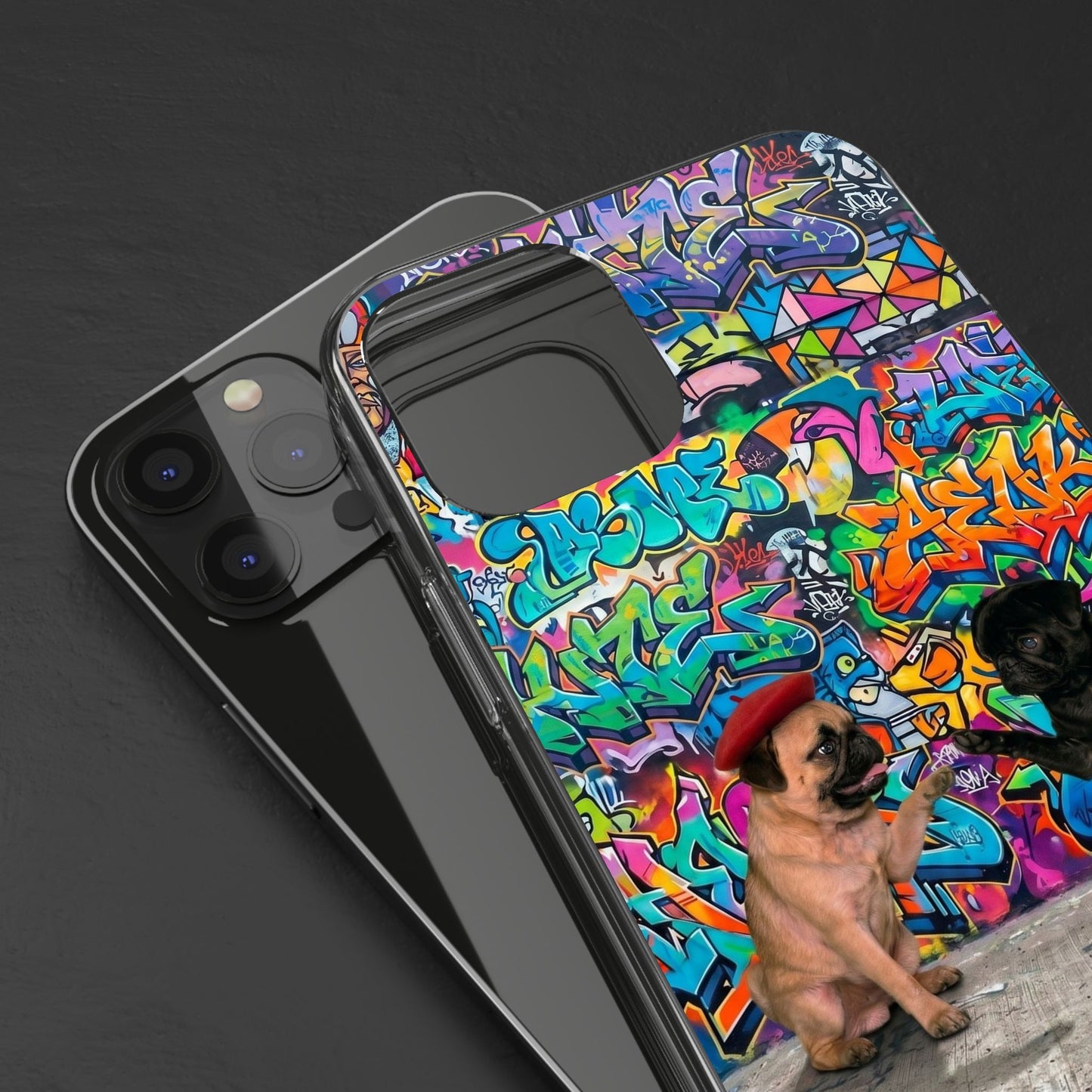 Clear Phone Case — Colorful Graffiti Pugs Design