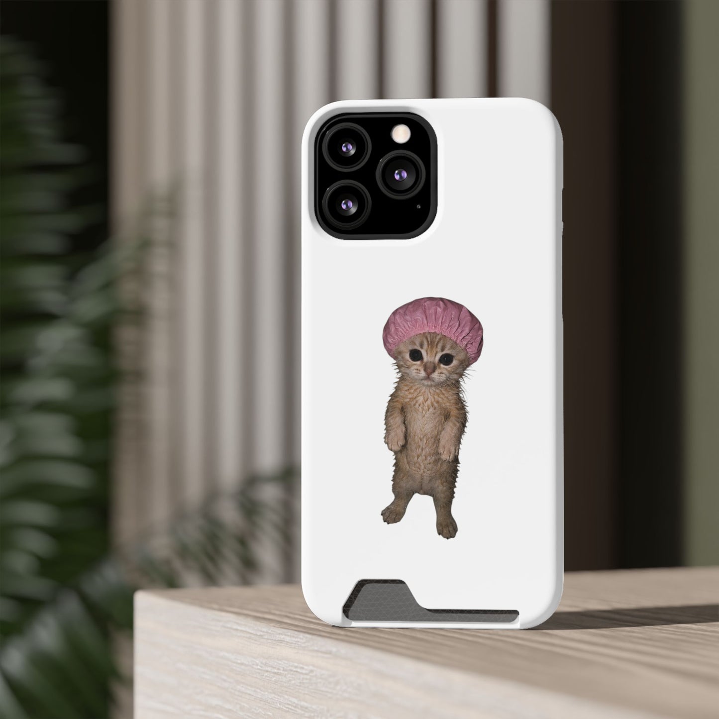 Cute Standing Kitten Cat Shower Cap  Phone Case with Card Holder