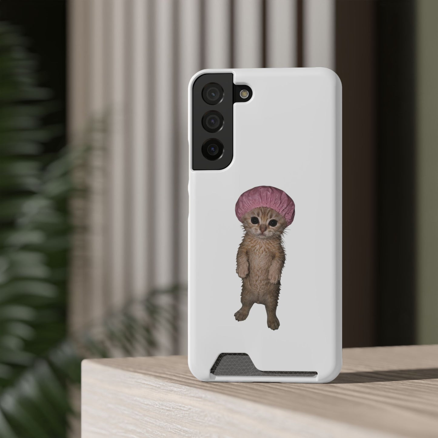 Cute Standing Kitten Cat Shower Cap  Phone Case with Card Holder