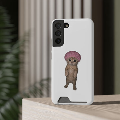 Cute Standing Kitten Cat Shower Cap  Phone Case with Card Holder