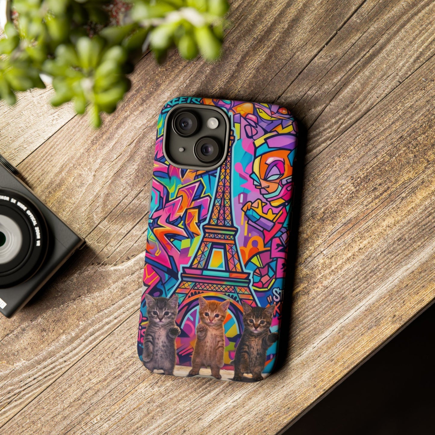Cat Graffiti Eiffel Phone Case — Colorful Urban Parisian iPhone Cover