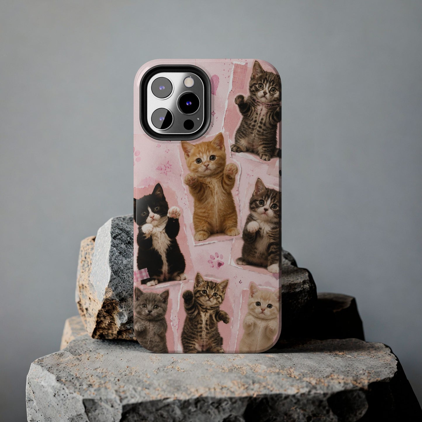 Cute Kittens Tough Phone Case — Pink Paw Print Protective Phone Cover