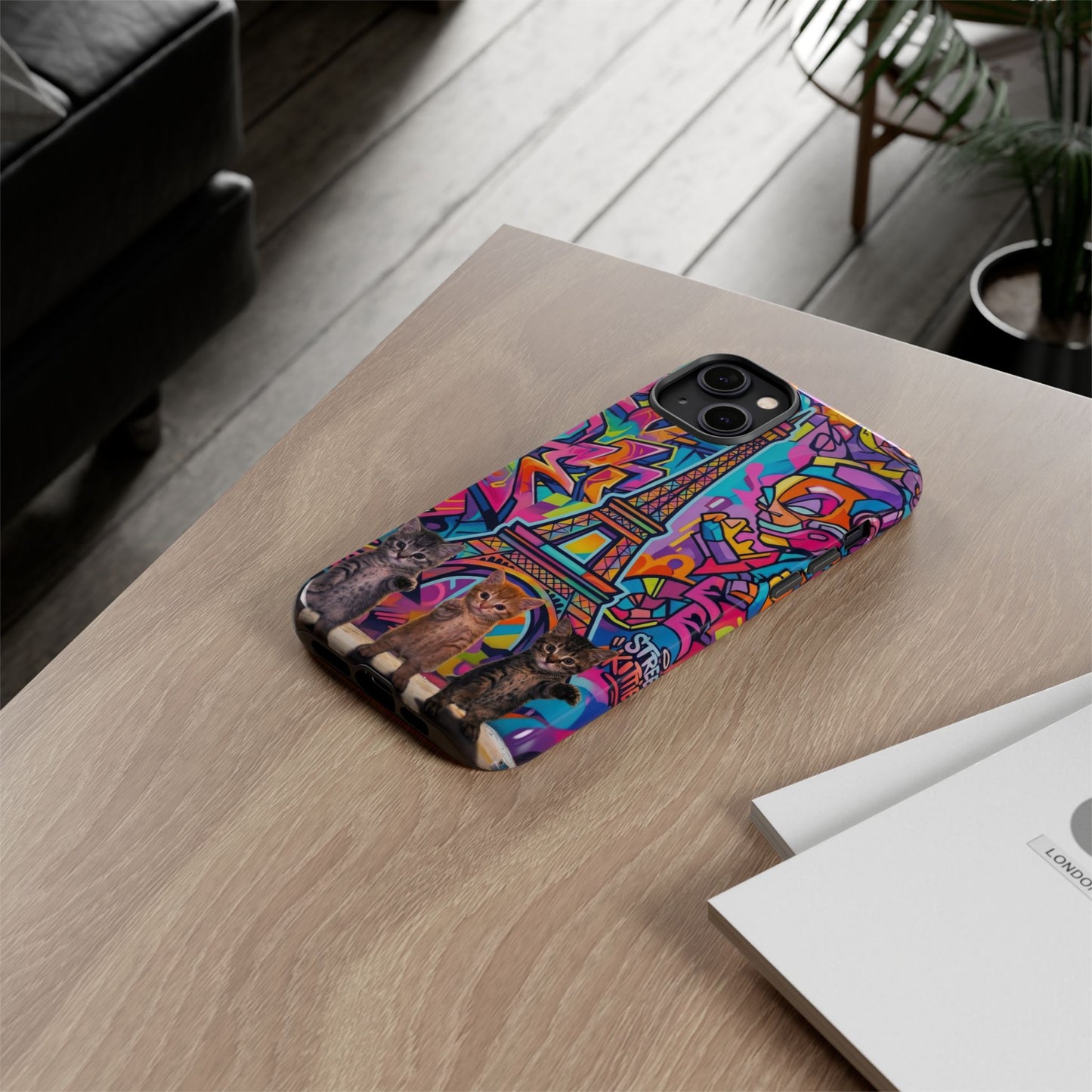 Cat Graffiti Eiffel Phone Case — Colorful Urban Parisian iPhone Cover