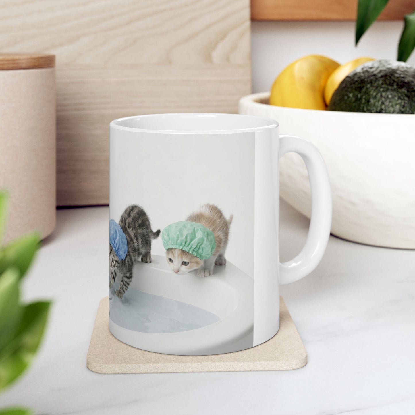 Kitten Shower Ceramic Mug — Cute Kittens in Bath Caps Coffee Tea Cup (11oz/15oz)