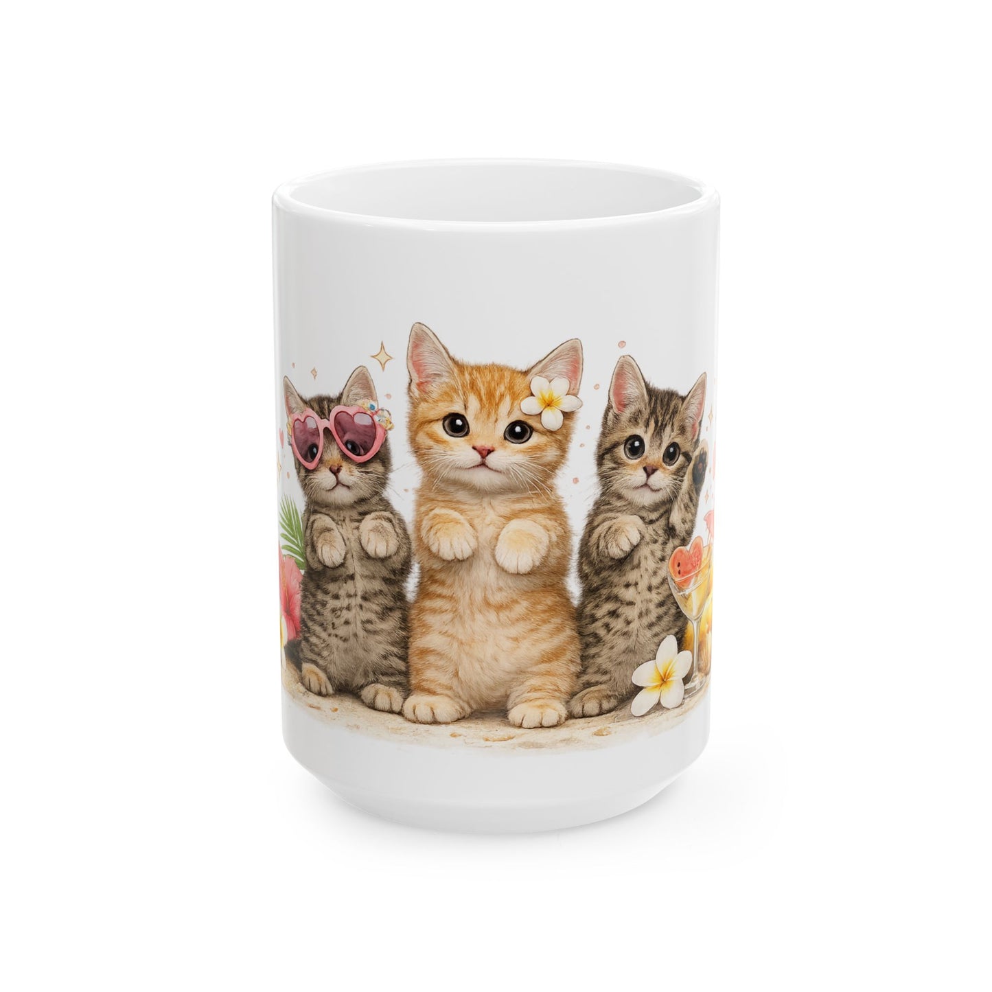 Cute Kitten Trio Ceramic Mug — Floral Cat Coffee Cup (11oz/15oz)