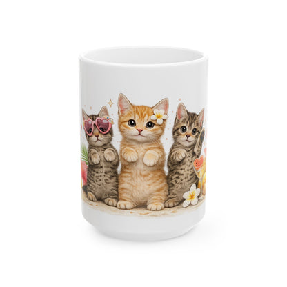 Cute Kitten Trio Ceramic Mug — Floral Cat Coffee Cup (11oz/15oz)