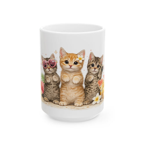 Cute Kitten Trio Ceramic Mug — Floral Cat Coffee Cup (11oz/15oz)