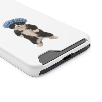 Cute Cat in Shower Cap Slim Phone Case with Card Holder