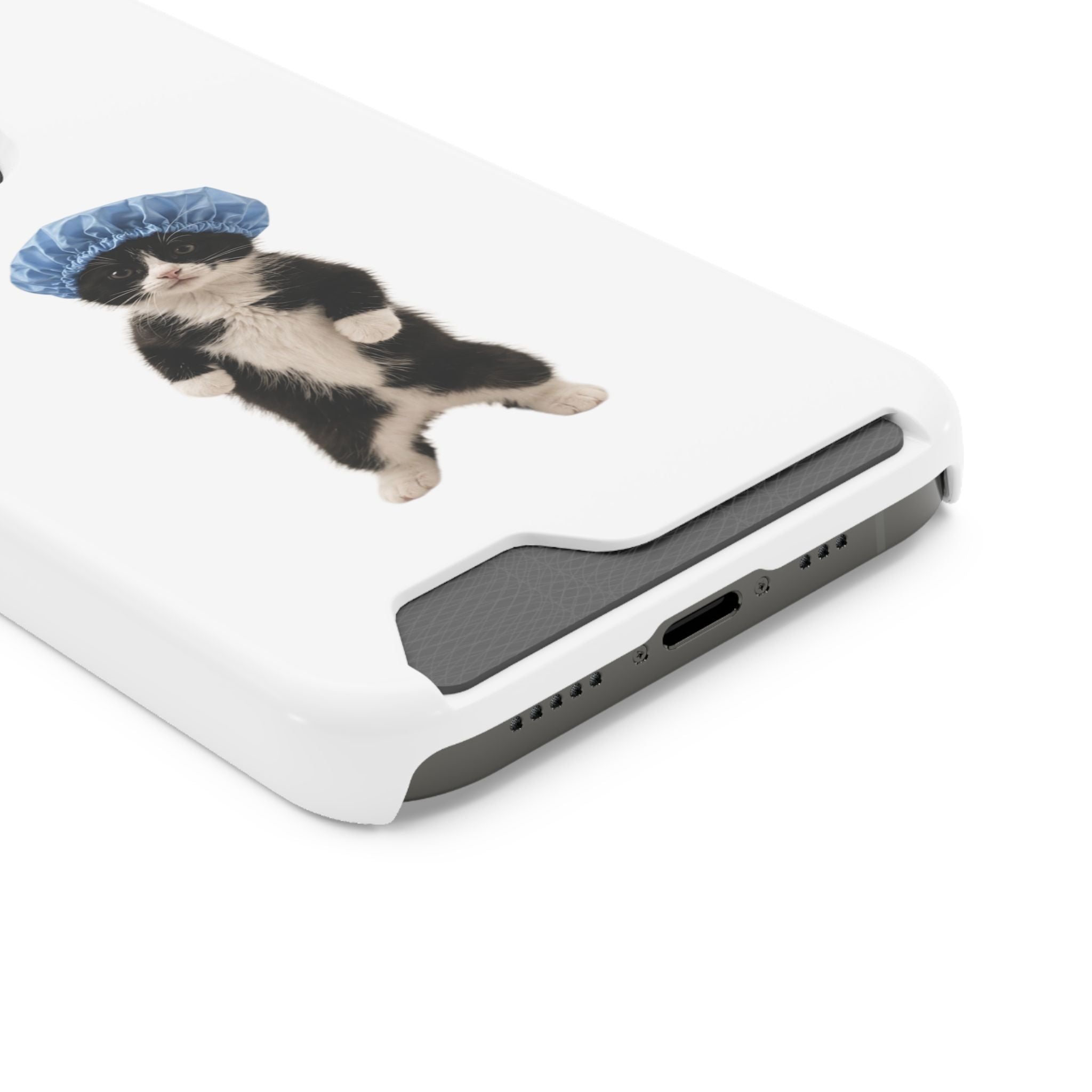 Cute Cat in Shower Cap Slim Phone Case with Card Holder