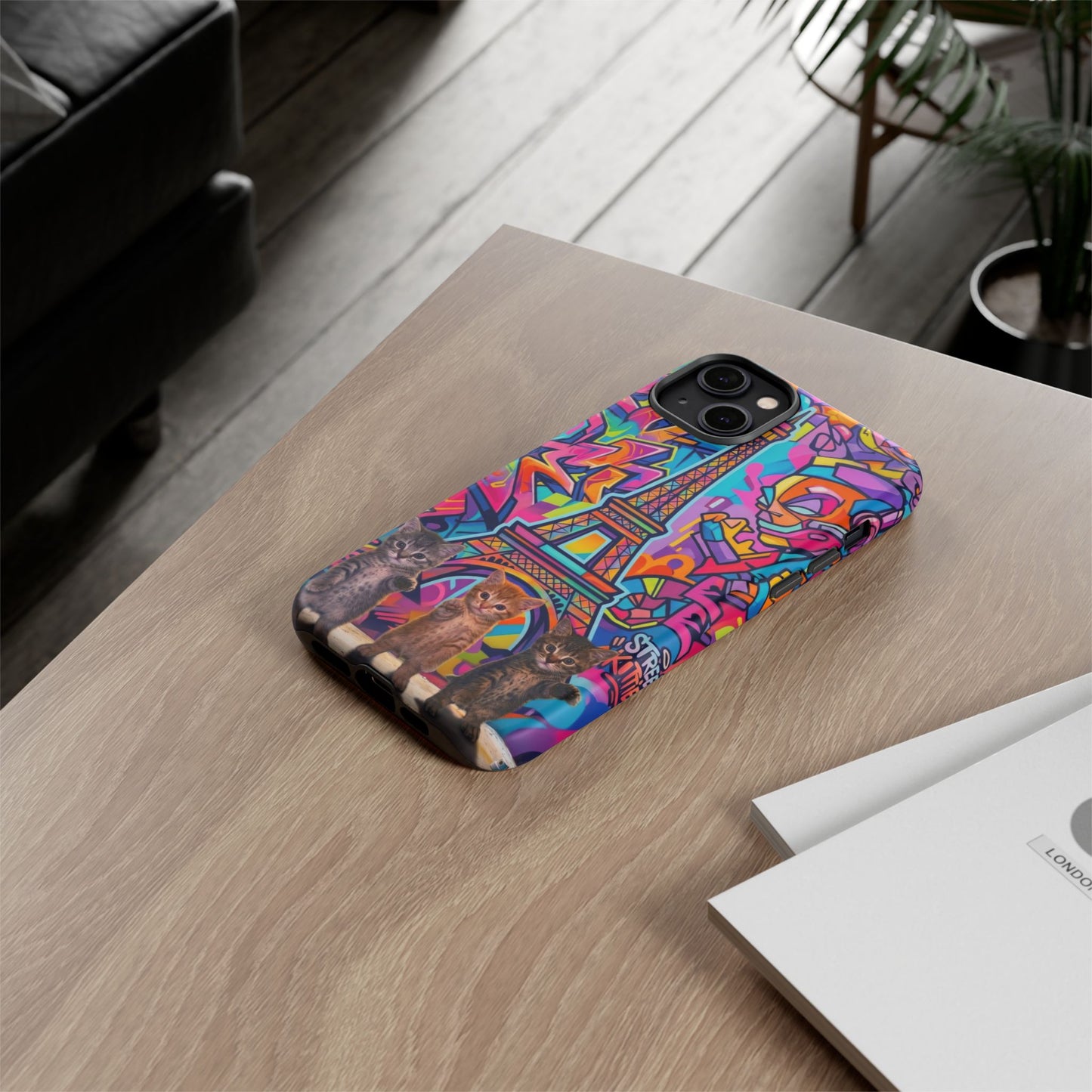 Cat Graffiti Eiffel Phone Case — Colorful Urban Parisian iPhone Cover