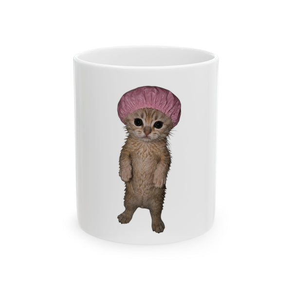 Cute Standing Kitten Mug with Pink Shower Cap (11oz, 15oz)