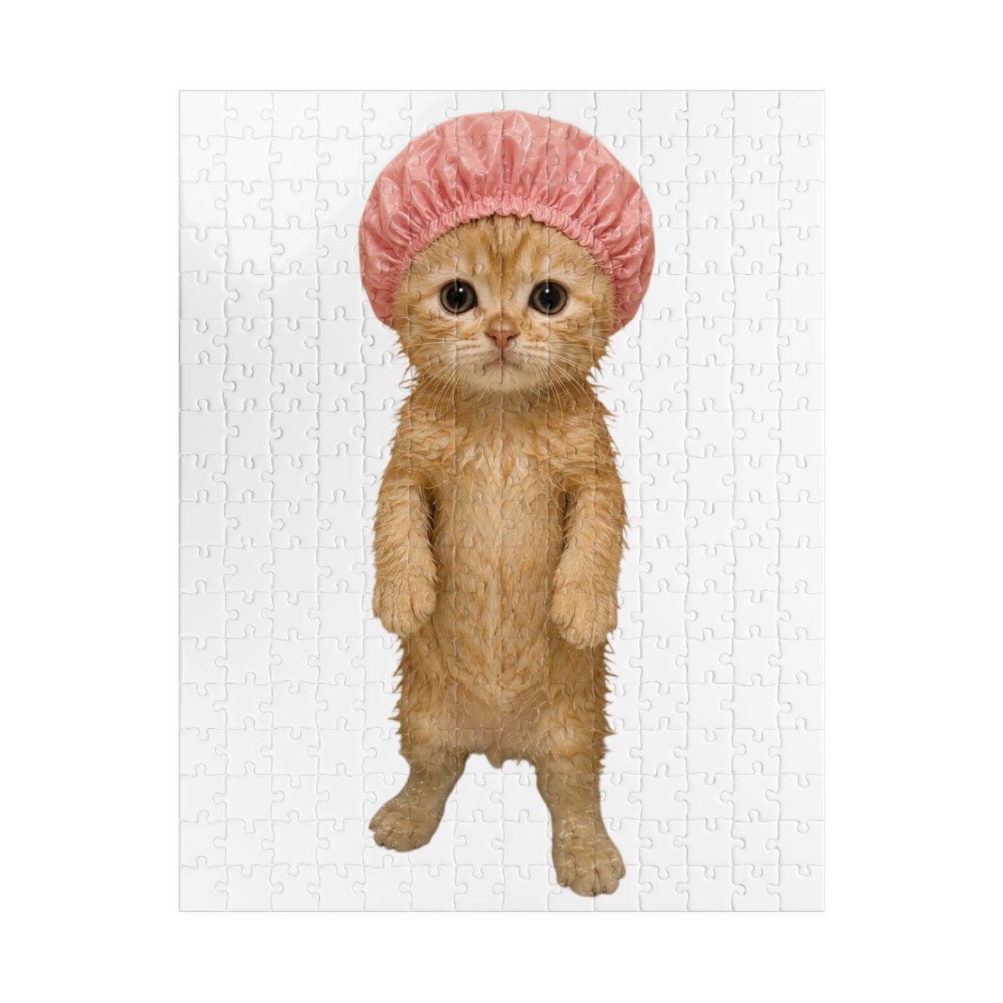 Cute Kitten Standing Cat in Pink Shower Cap Jigsaw Puzzle