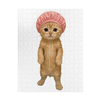 Cute Kitten Standing Cat in Pink Shower Cap Jigsaw Puzzle
