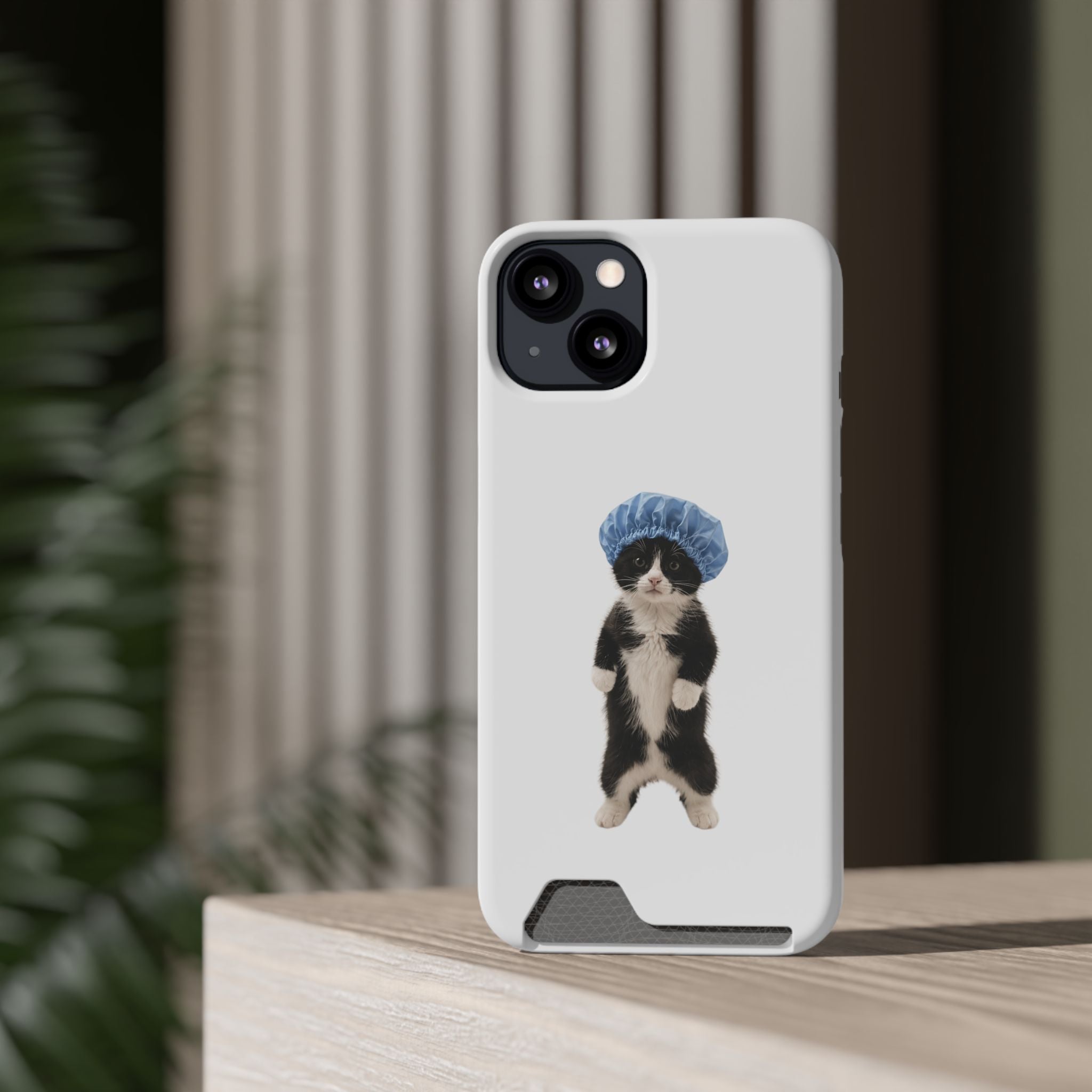 Cute Cat in Shower Cap Slim Phone Case with Card Holder
