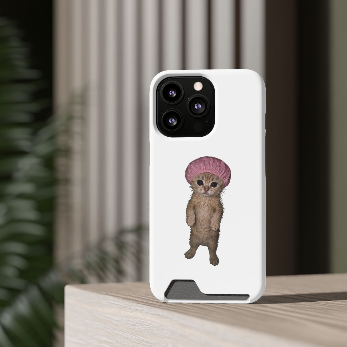 Cute Standing Kitten Cat Shower Cap  Phone Case with Card Holder