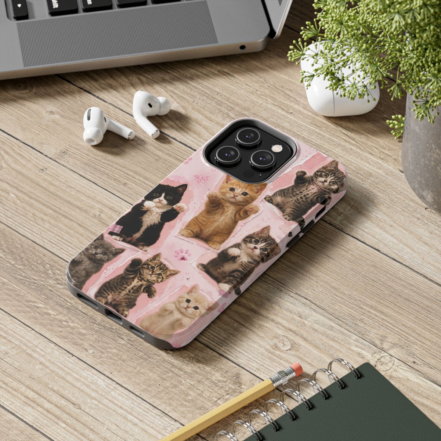 Cute Kittens Tough Phone Case — Pink Paw Print Protective Phone Cover