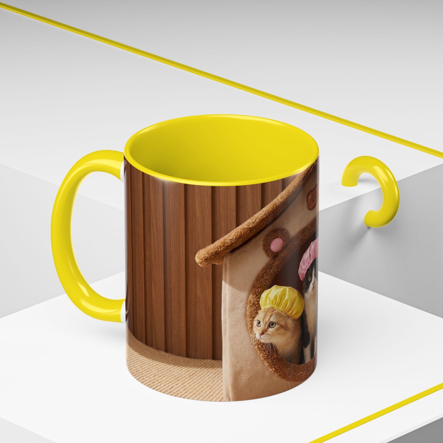 Cute Kittens in Shower Caps Accent Coffee Mug — Pink Interior 11/15oz