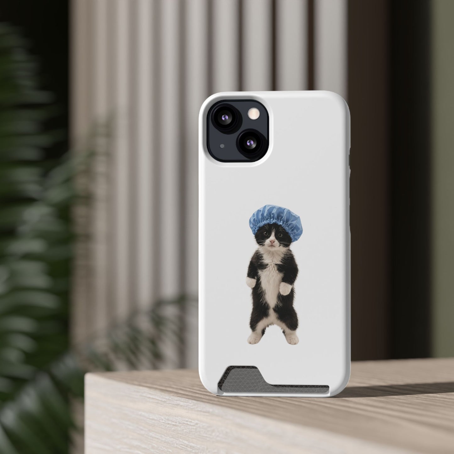Cute Cat in Shower Cap Slim Phone Case with Card Holder