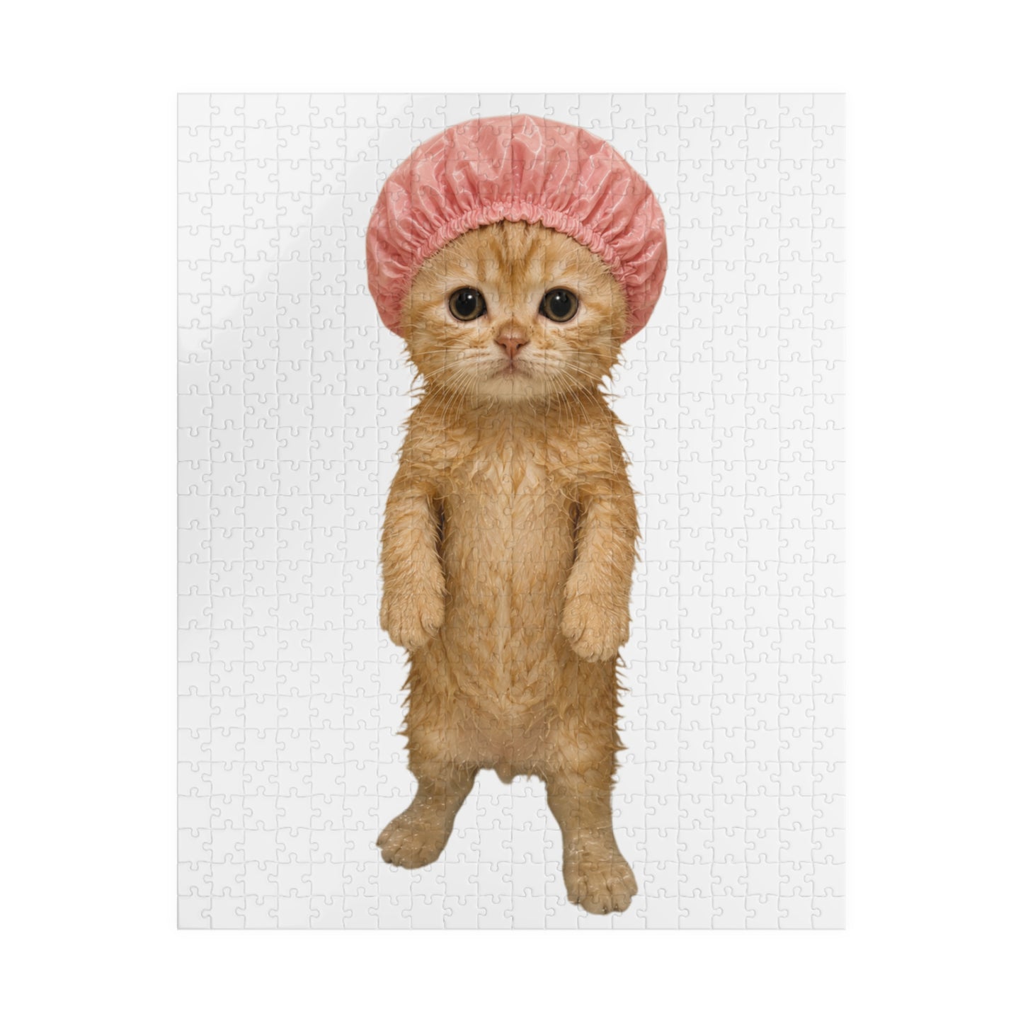 Cute Kitten Standing Cat in Pink Shower Cap Jigsaw Puzzle