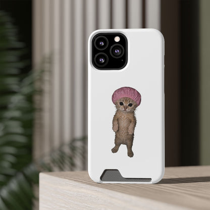 Cute Standing Kitten Cat Shower Cap  Phone Case with Card Holder