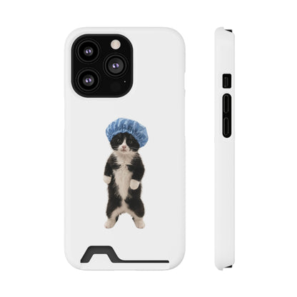 Cute Cat in Shower Cap Slim Phone Case with Card Holder