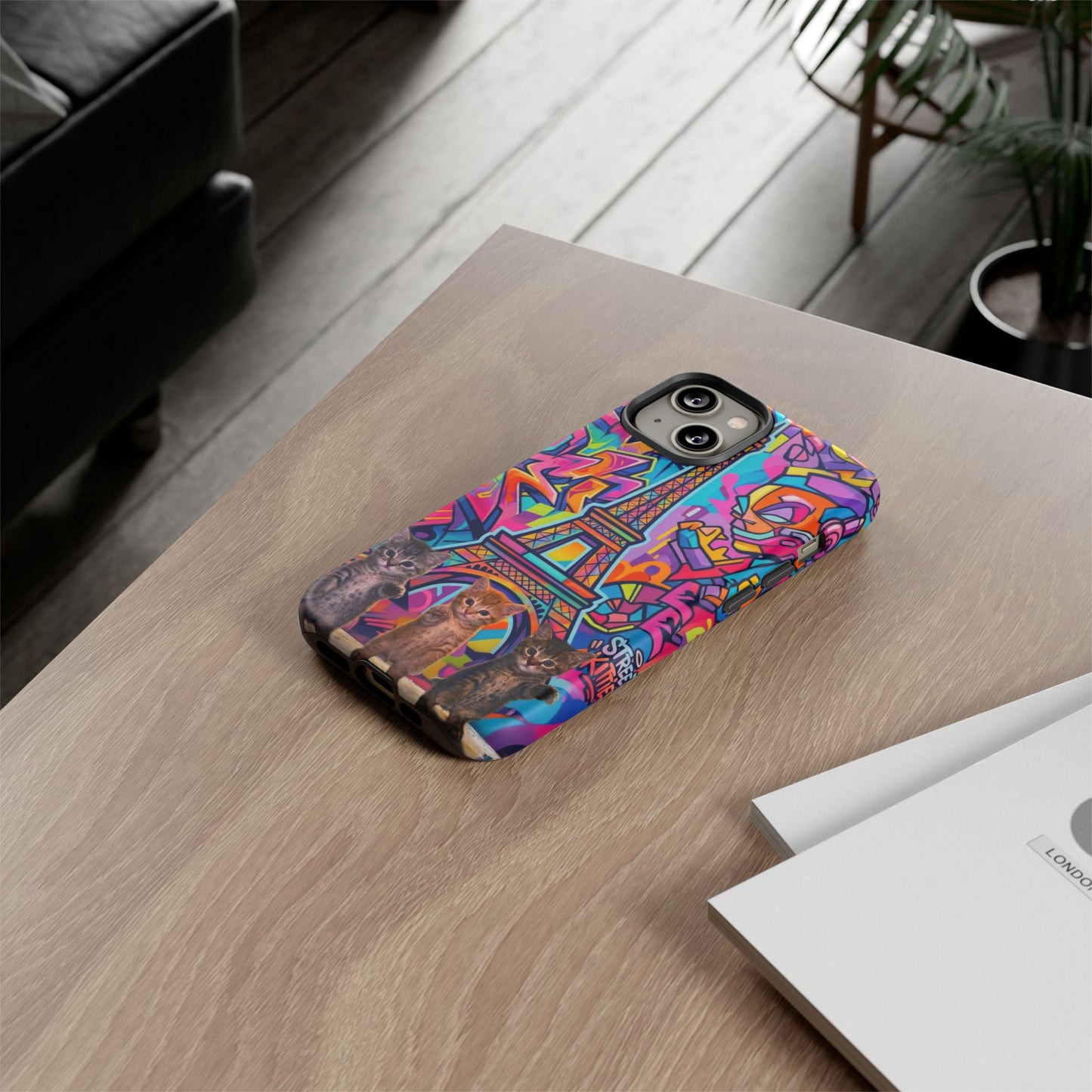 Cat Graffiti Eiffel Phone Case — Colorful Urban Parisian iPhone Cover