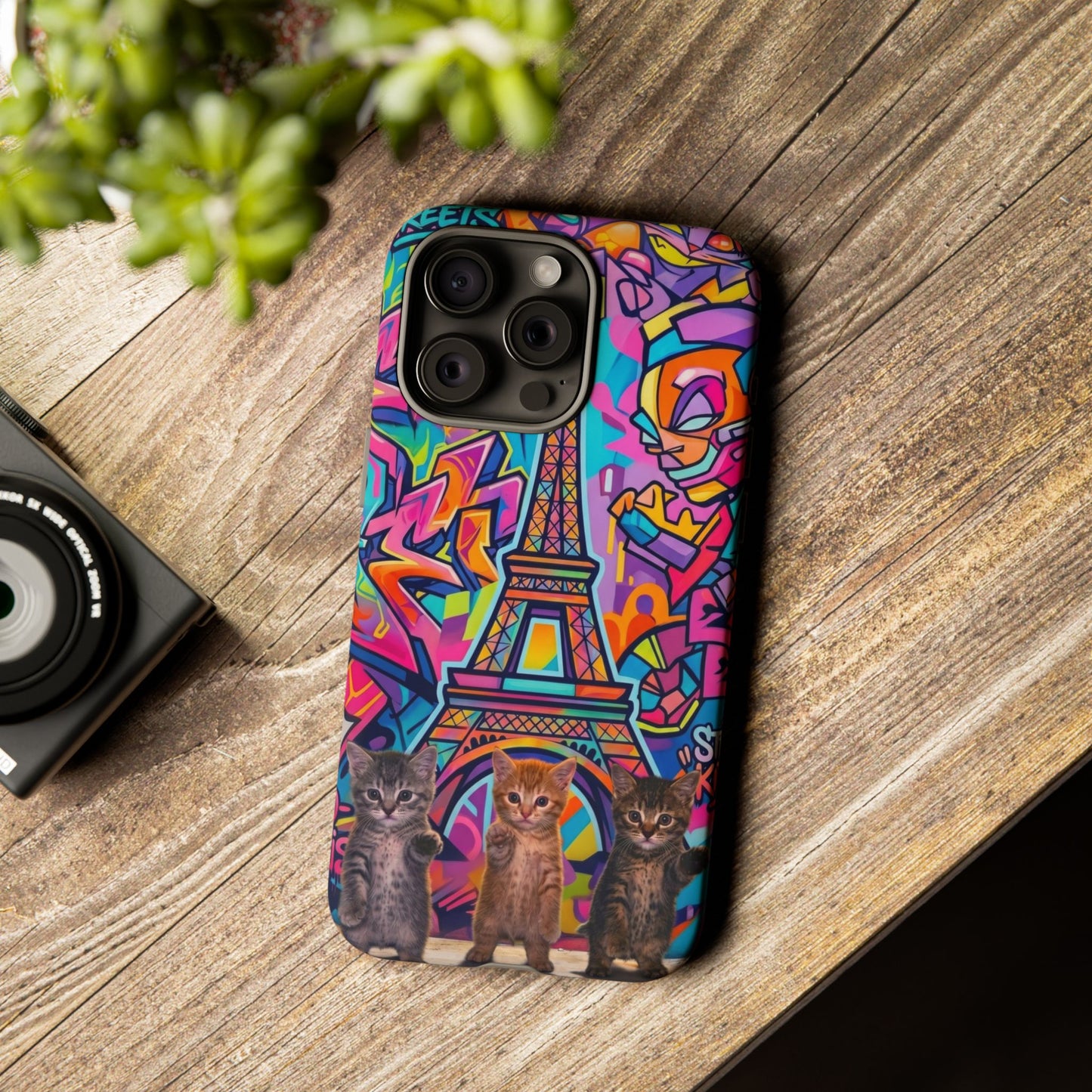 Cat Graffiti Eiffel Phone Case — Colorful Urban Parisian iPhone Cover