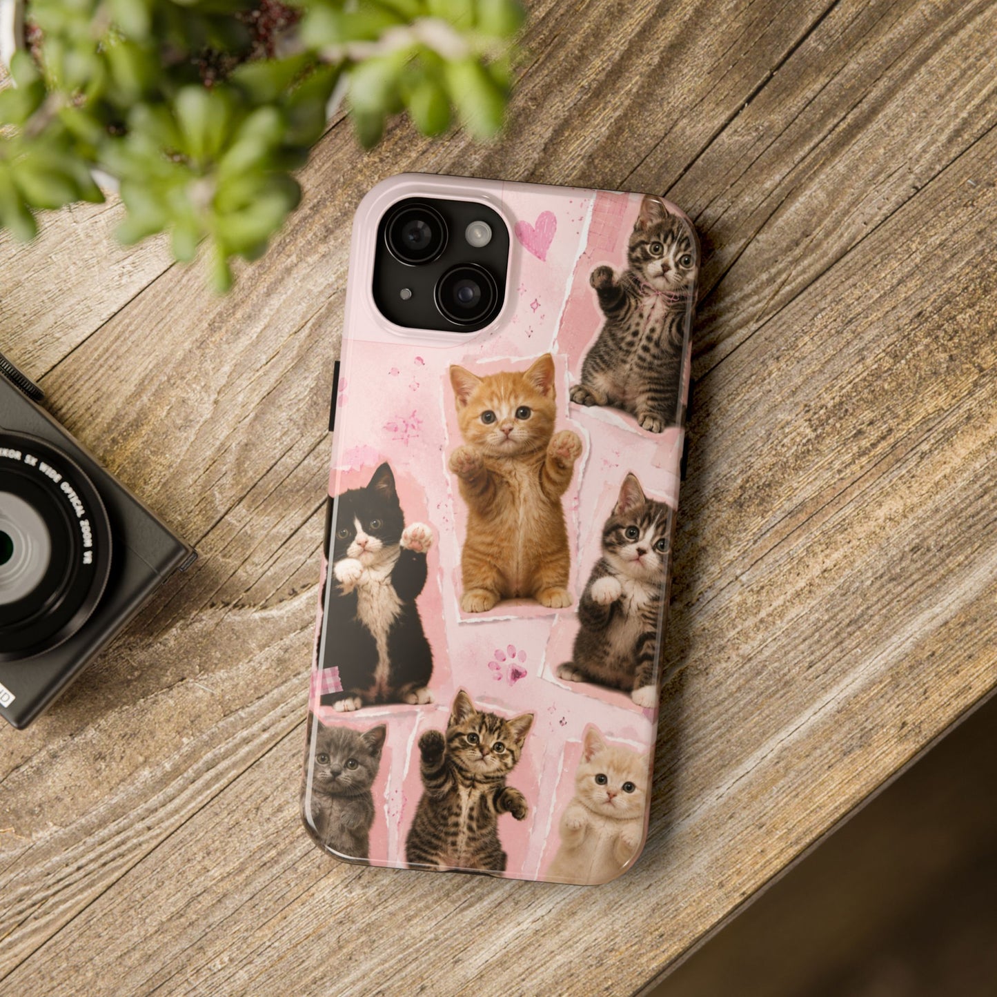 Cute Kittens Tough Phone Case — Pink Paw Print Protective Phone Cover