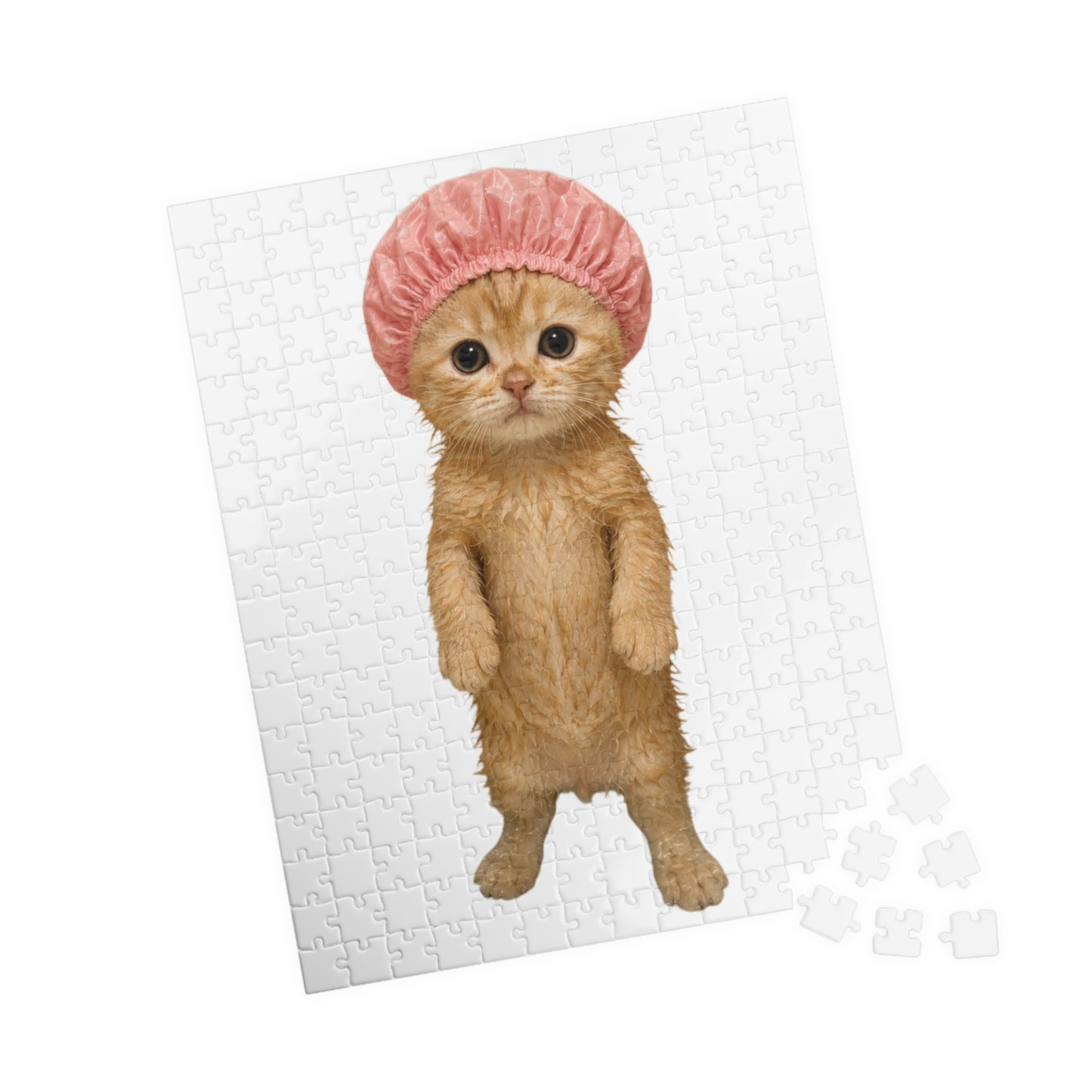 Cute Kitten Standing Cat in Pink Shower Cap Jigsaw Puzzle
