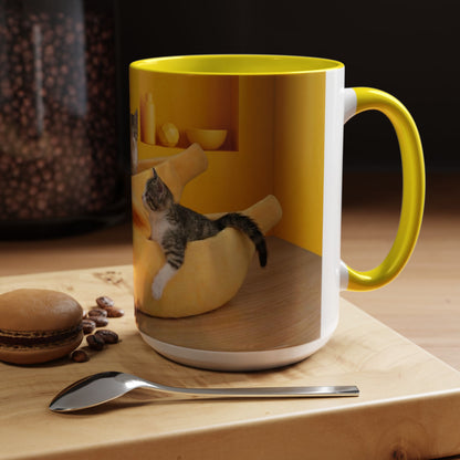 Yellow Cat Bananas Accent Coffee Mug — Cute Kittens in Yellow Room (11/15 oz)