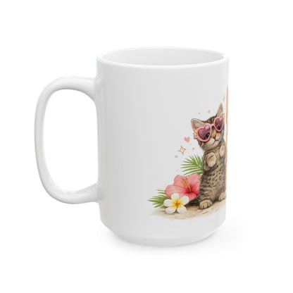 Cute Kitten Trio Ceramic Mug — Floral Cat Coffee Cup (11oz/15oz)