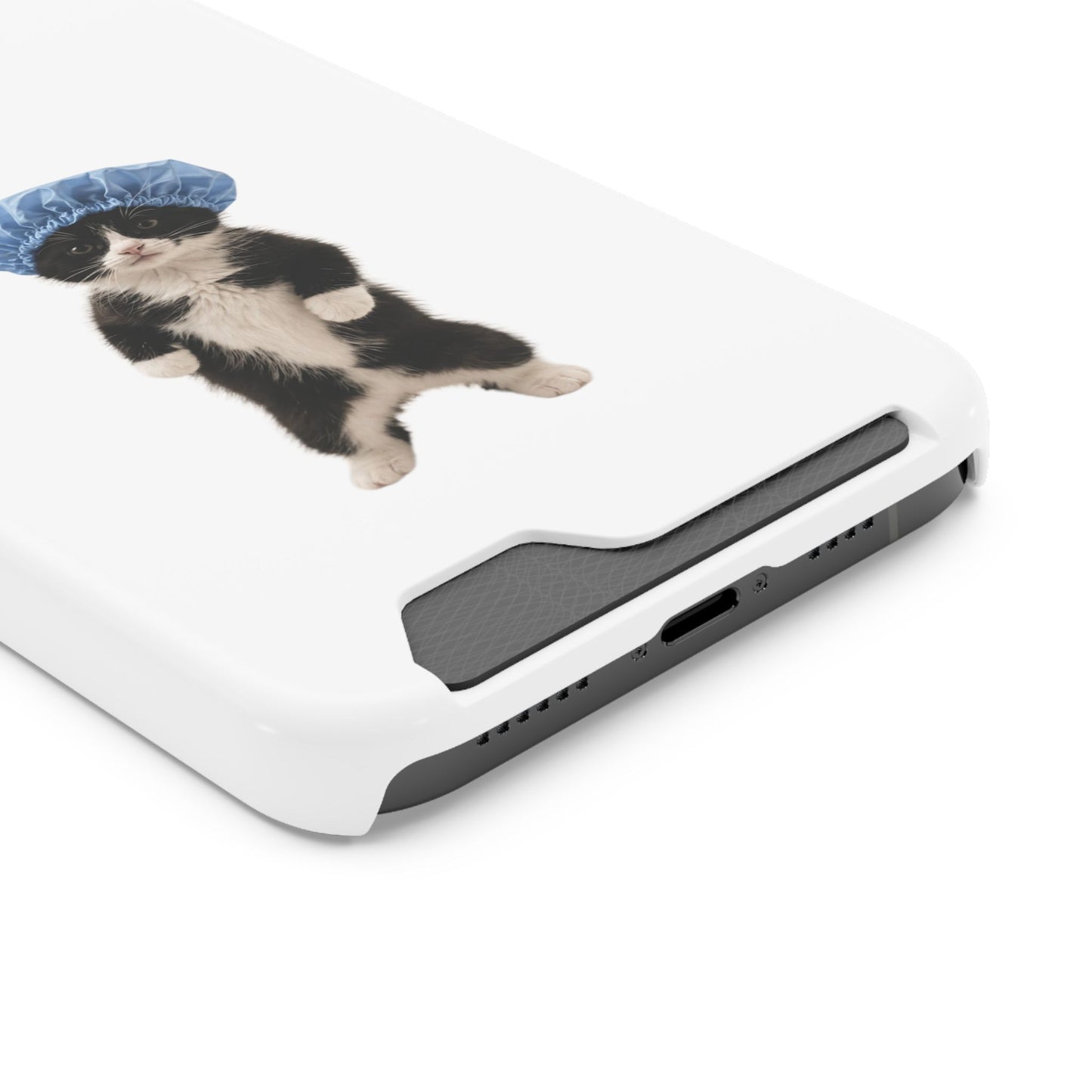 Cute Cat in Shower Cap Slim Phone Case with Card Holder