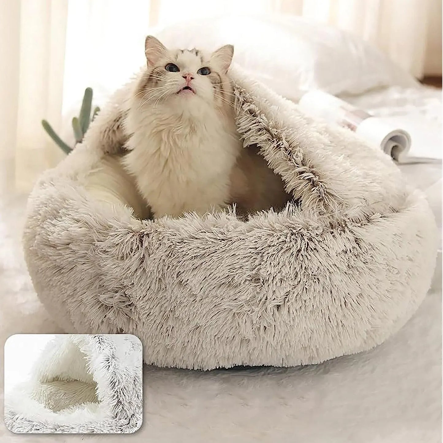 2-in-1 Plush Cave Pet Bed